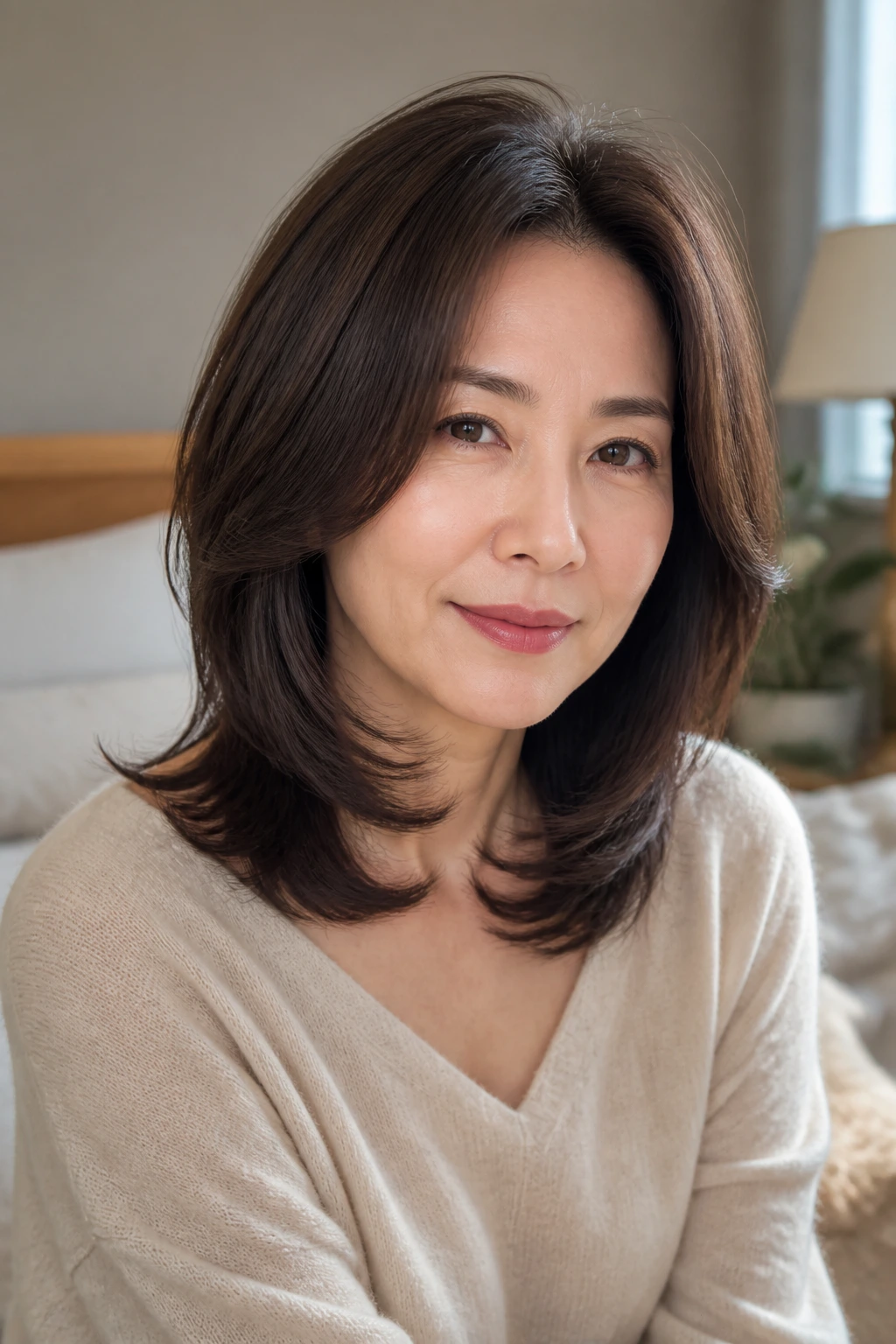 Close-up of a real woman with a soft C-cut framing the face at the collarbone