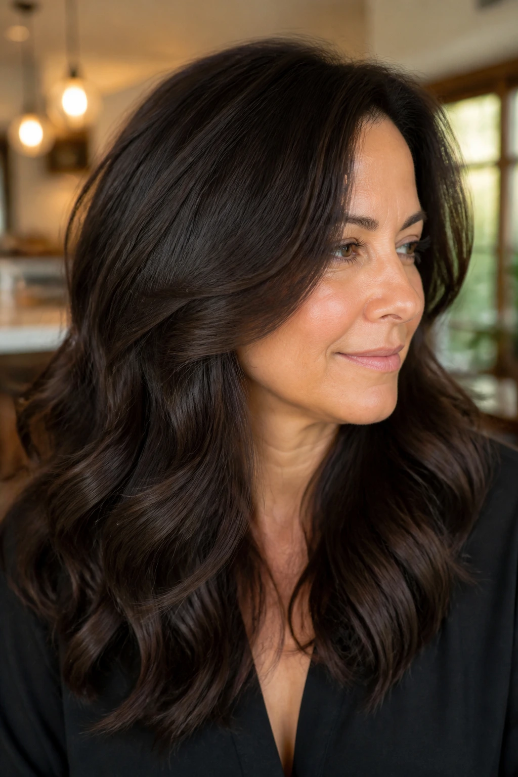 Soft, glossy dark brunette hair on a real woman