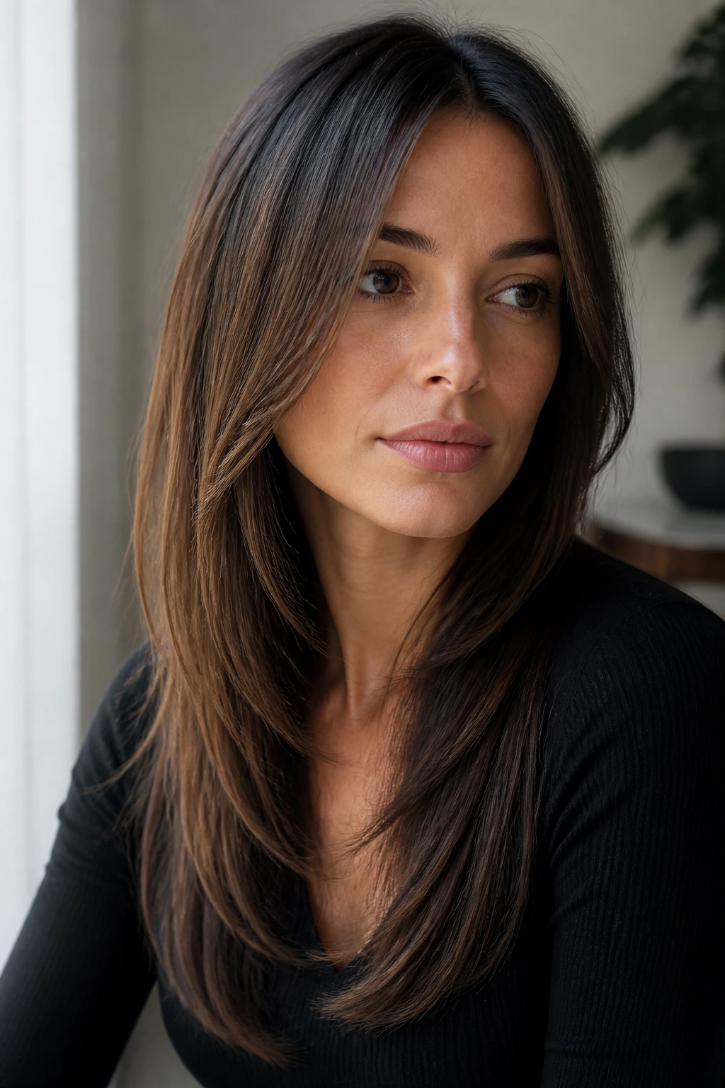 Real woman with soft diagonal layers fading into length