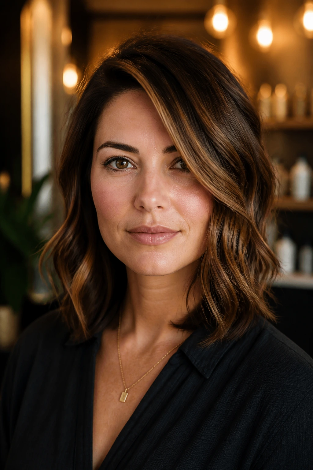Close-up portrait of a woman with a side-parted soft diagonal hairstyle on a square face