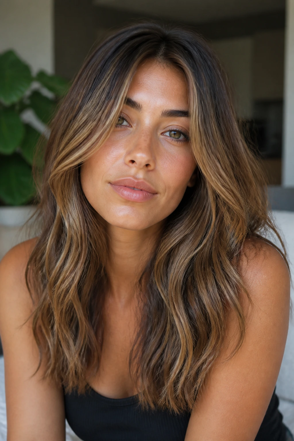 Portrait of a real woman with soft dimensional hair on olive skin