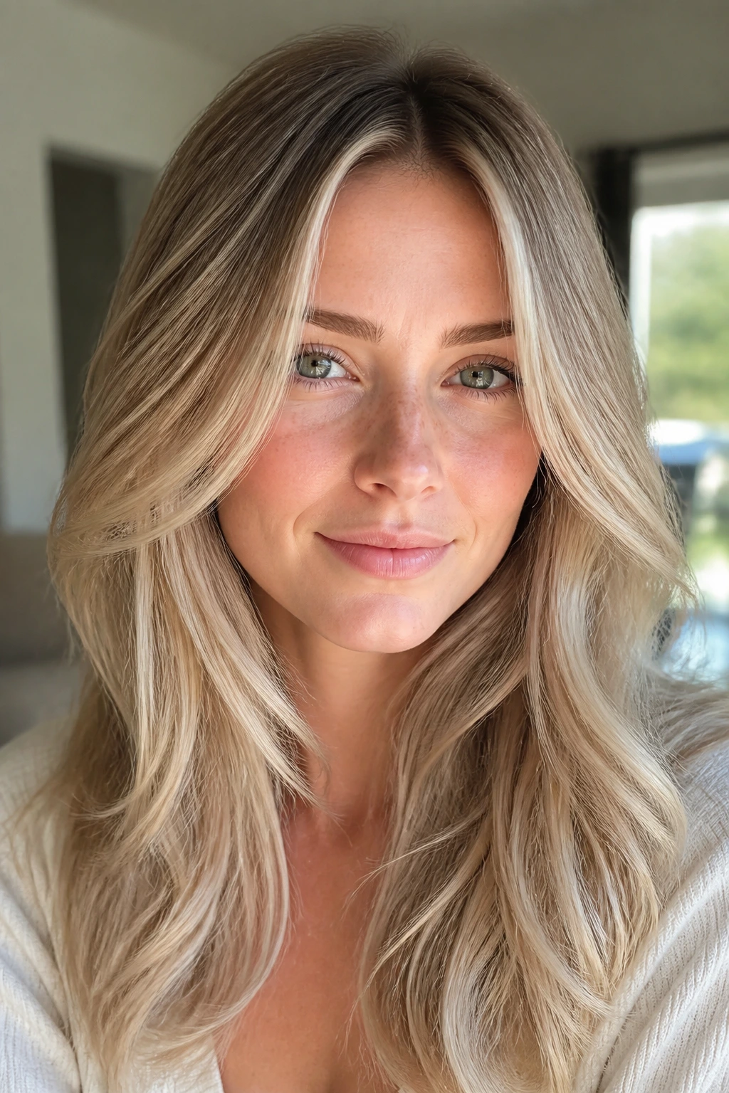Close-up portrait of soft, dimensional ash blonde on a real person