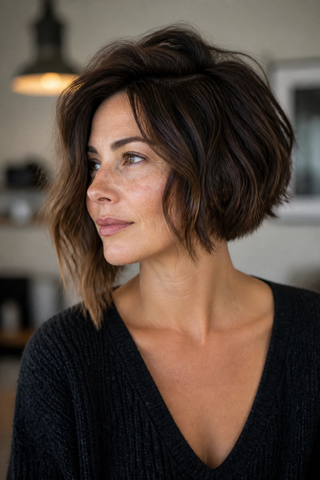 Real woman with soft disconnected bob and crown volume in a well-lit indoor setting