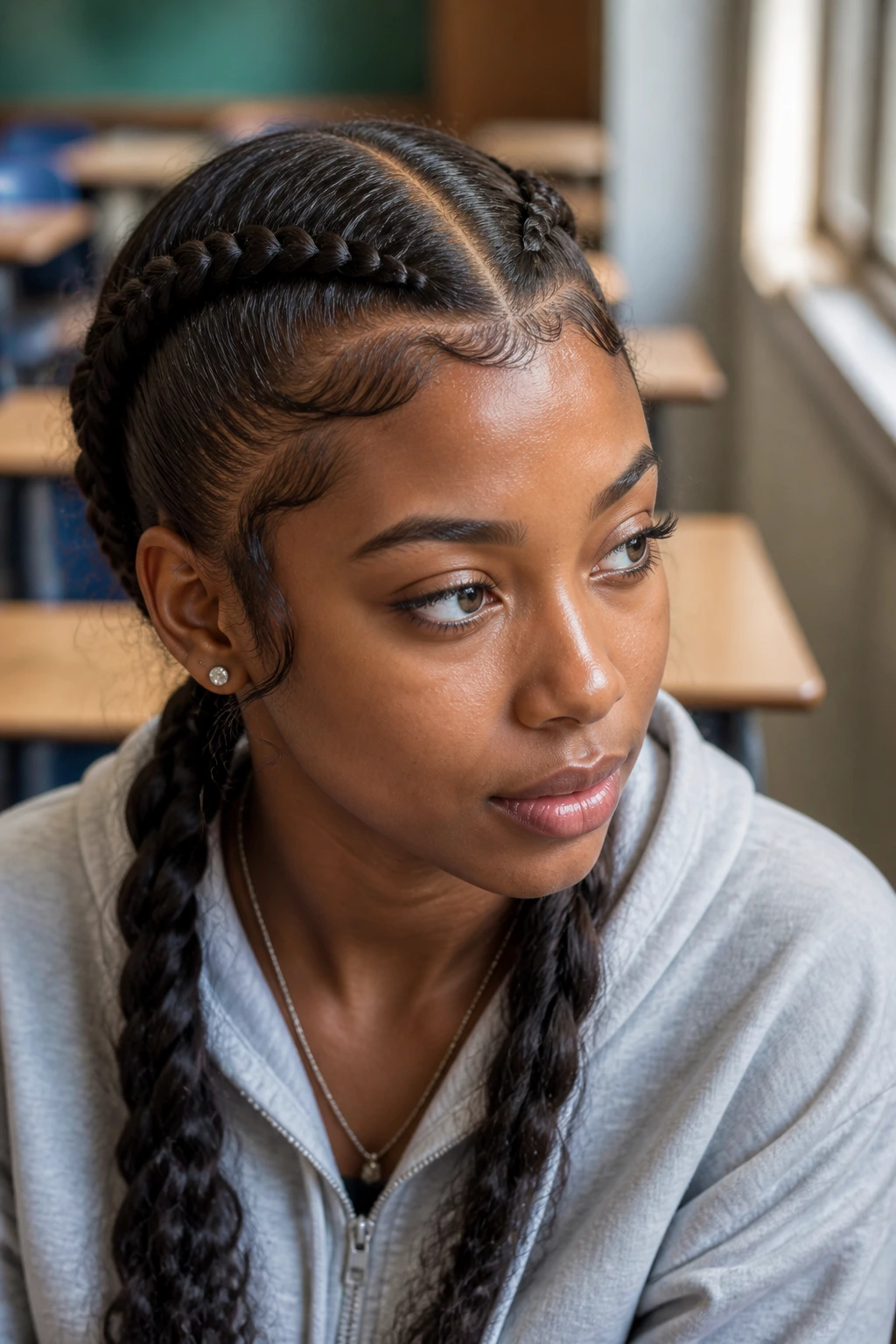 Portrait of a person with soft-edge school-day braids in a classroom setting.