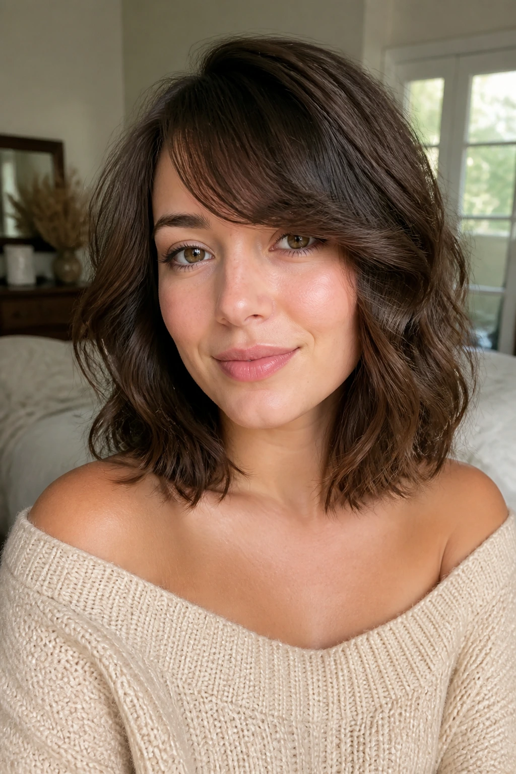 Close-up of a real woman with a soft-edge lob and side-swept bangs in warm window light.