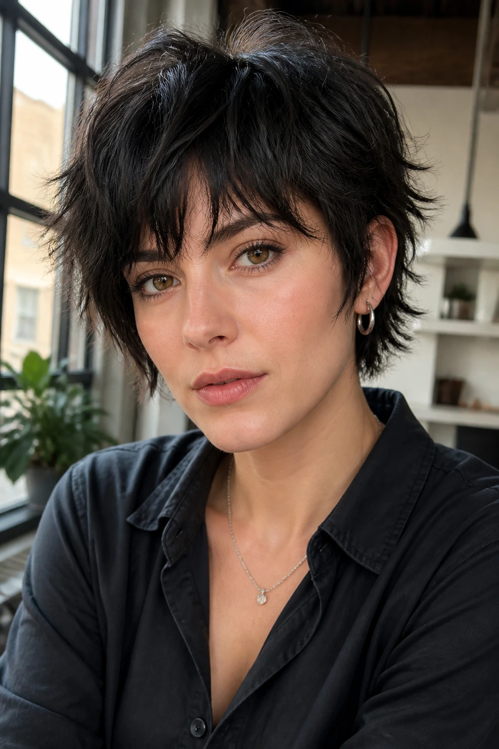 Portrait of a woman with a soft-edge rebel short rocker haircut