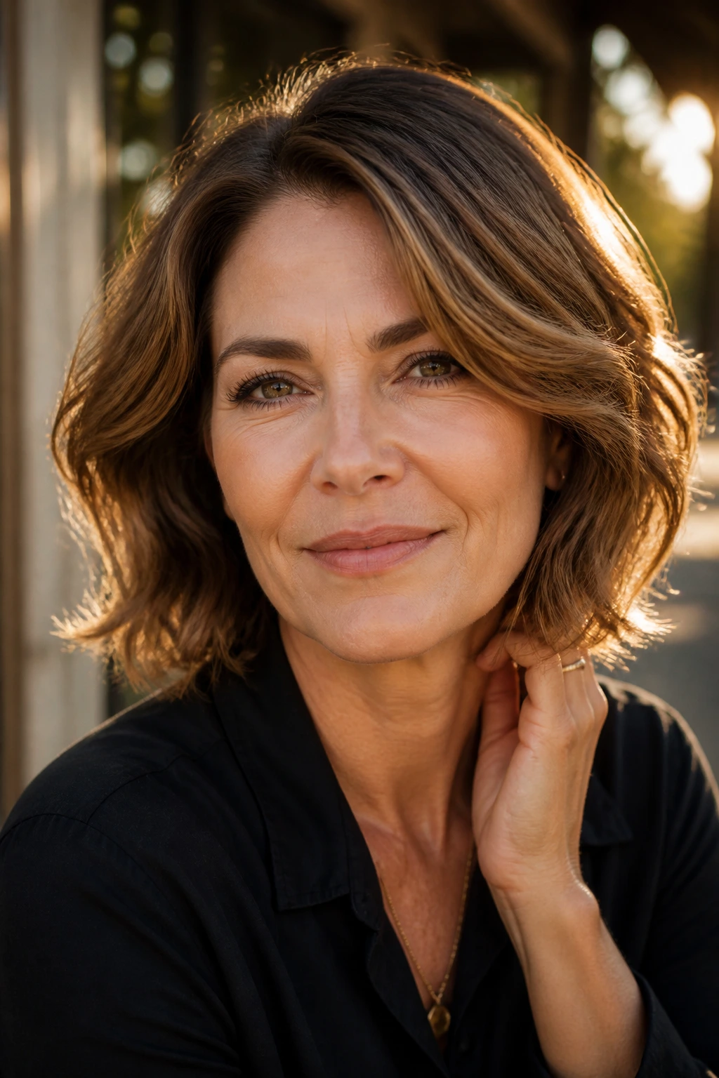 Woman with a soft-edged wavy bob in golden-hour light outdoors