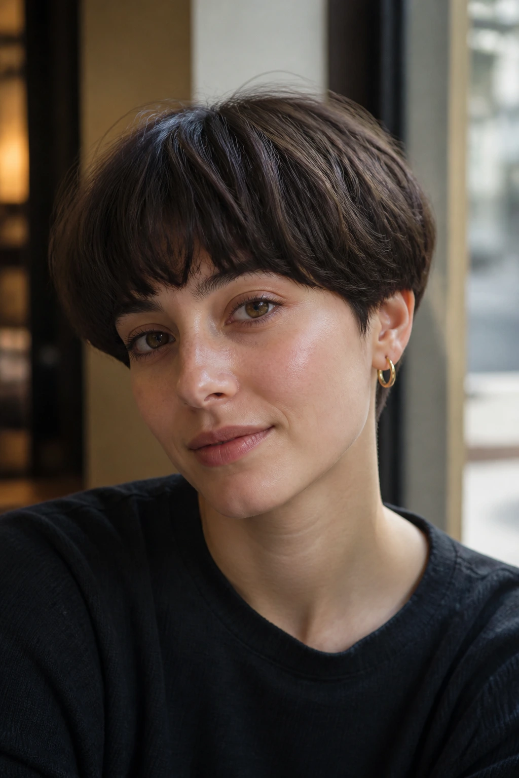 Close-up of a person with a modern bowl cut and soft edges.