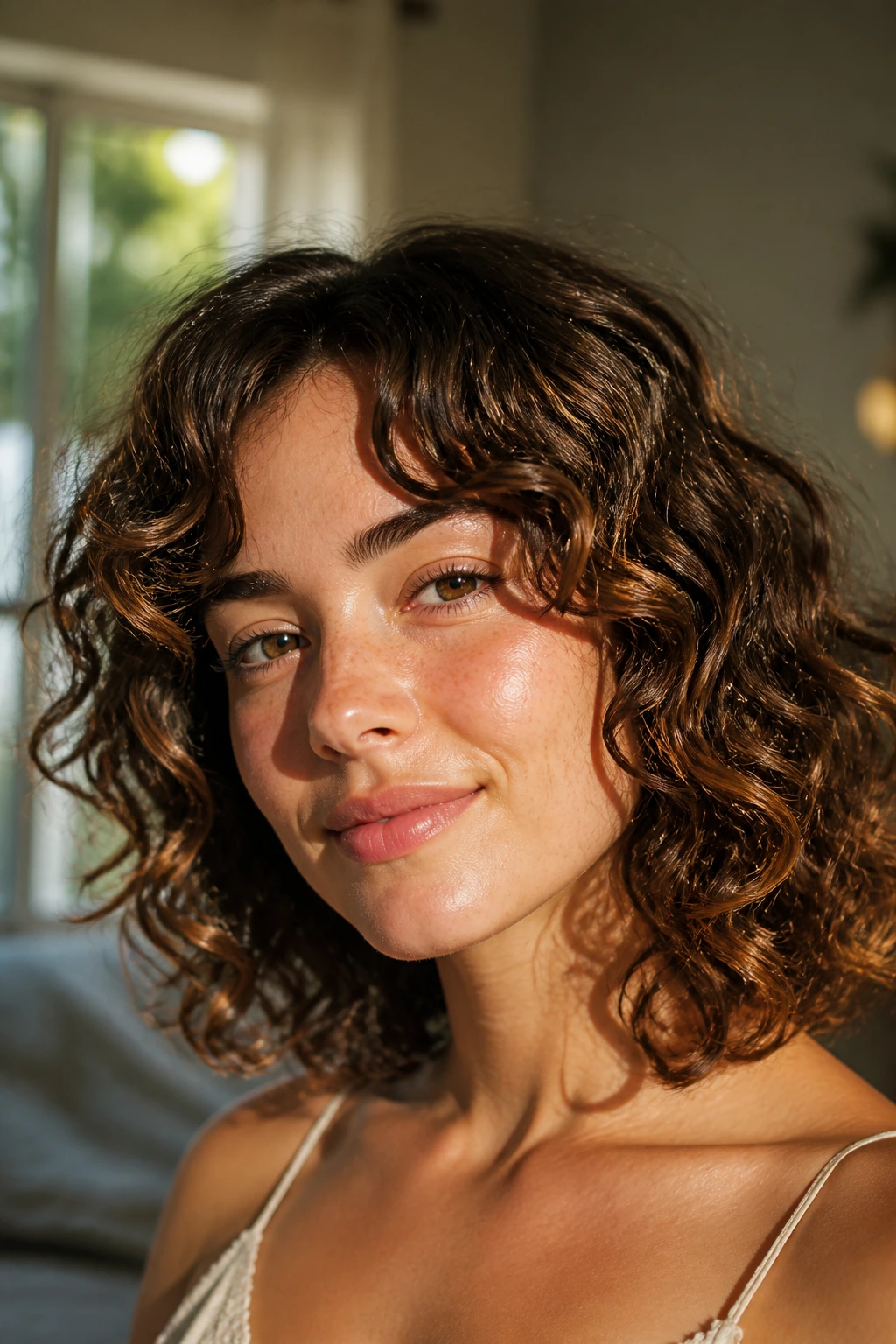 Close-up portrait of a real woman with softly framed curls