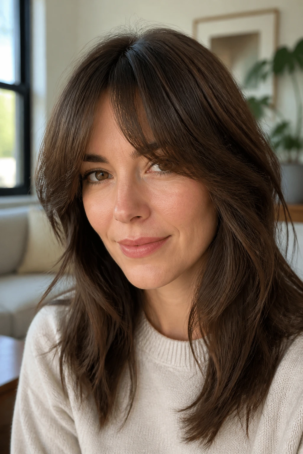 Portrait of a real woman with a fringe with soft feathered edges by a window.