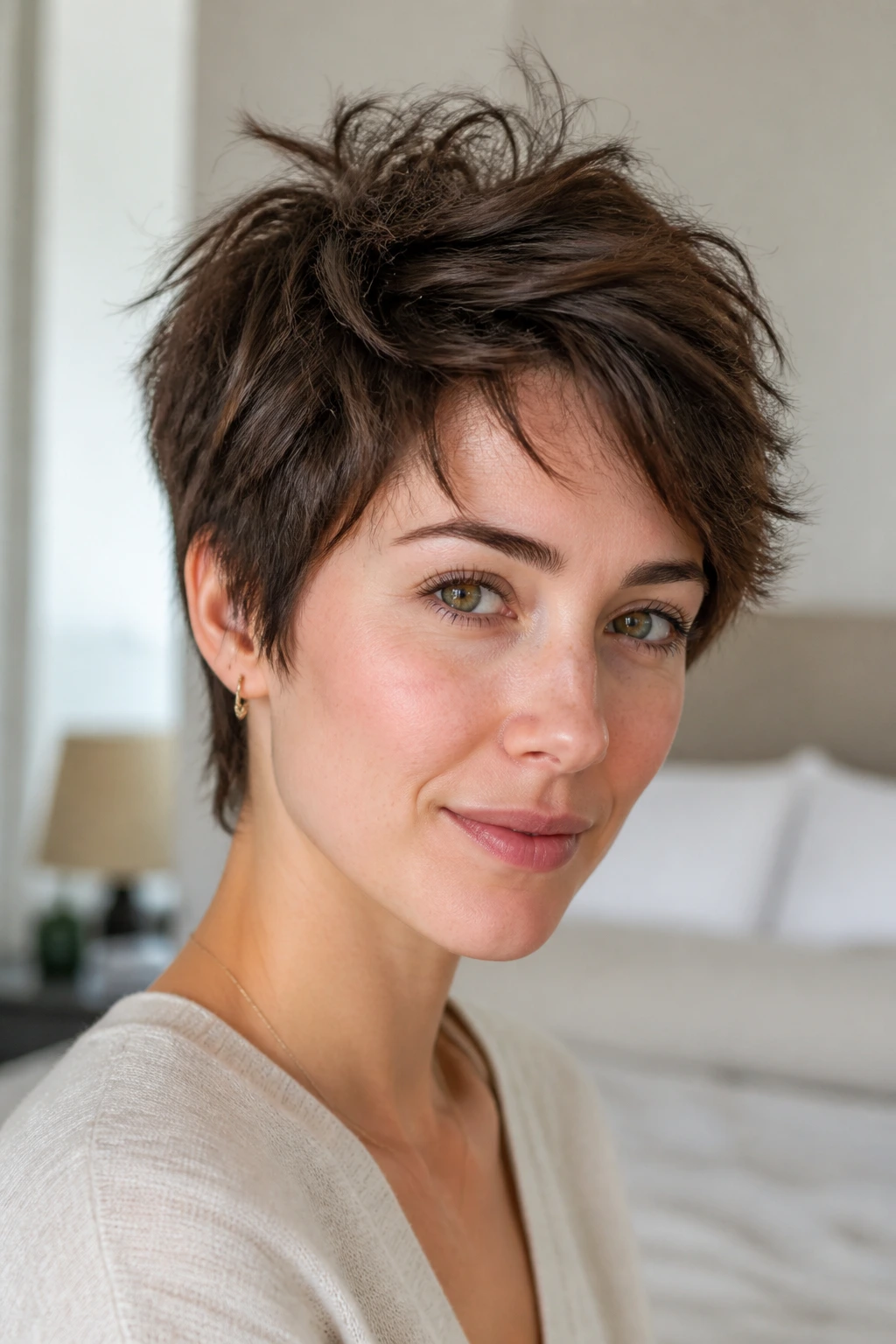 Close-up of a real woman with a short messy haircut showing soft edges and crown lift