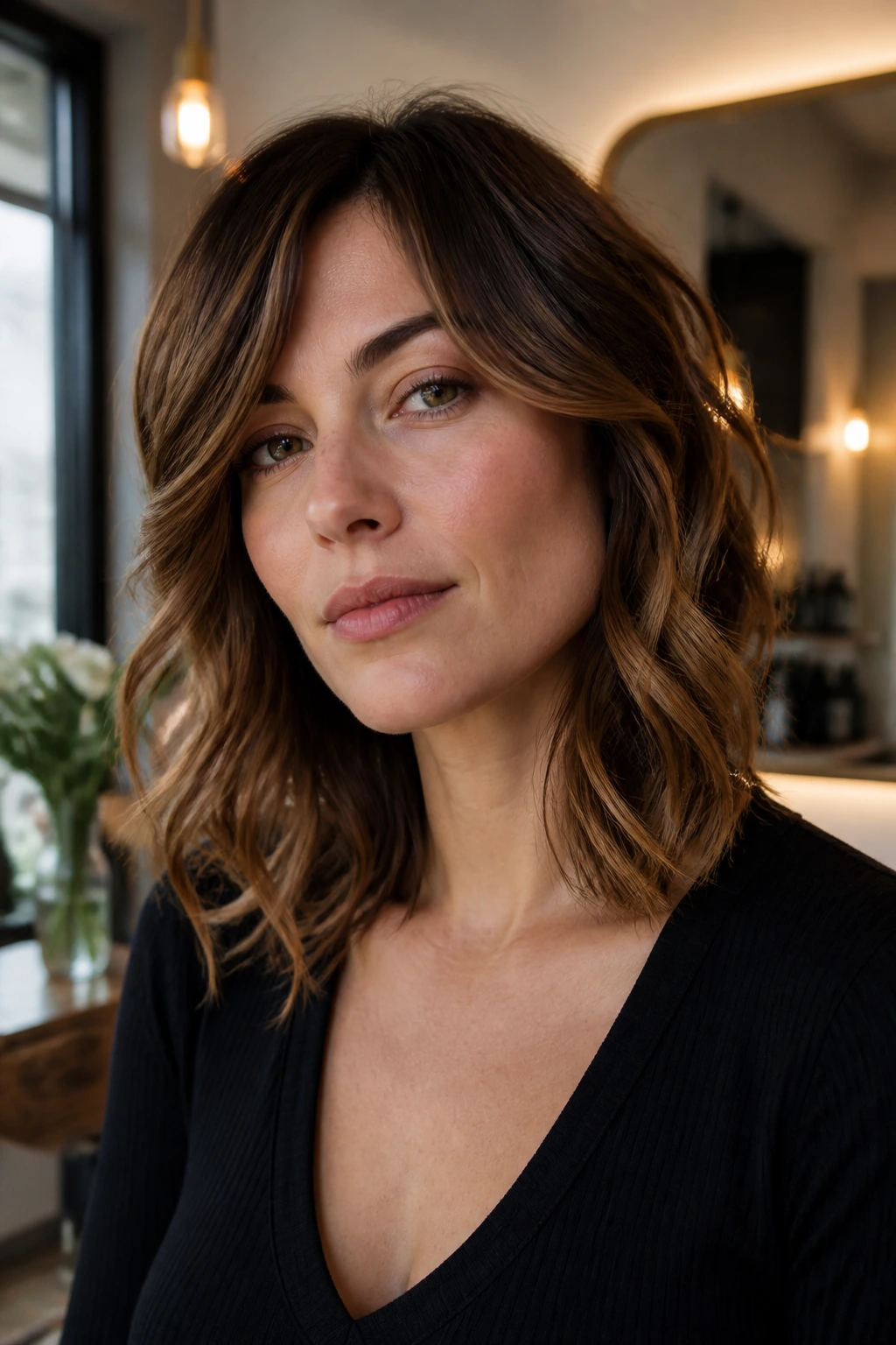 Close-up portrait of a woman with a soft-edged diagonal hairstyle framing a square jaw