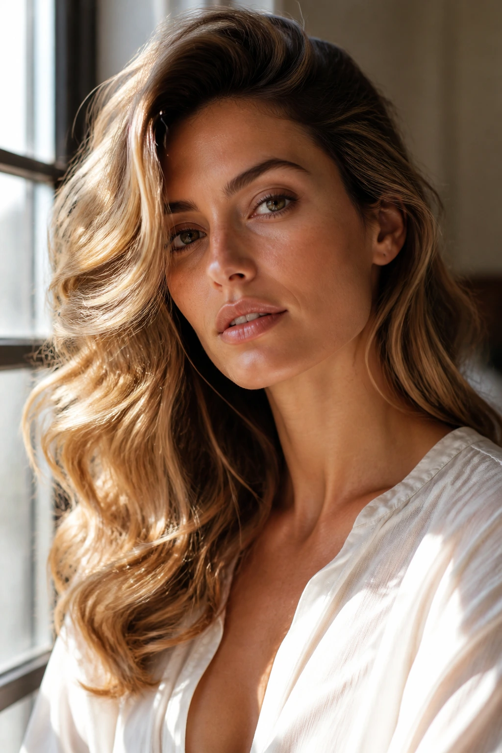 Portrait of a real woman with deep side sweep and loose wave