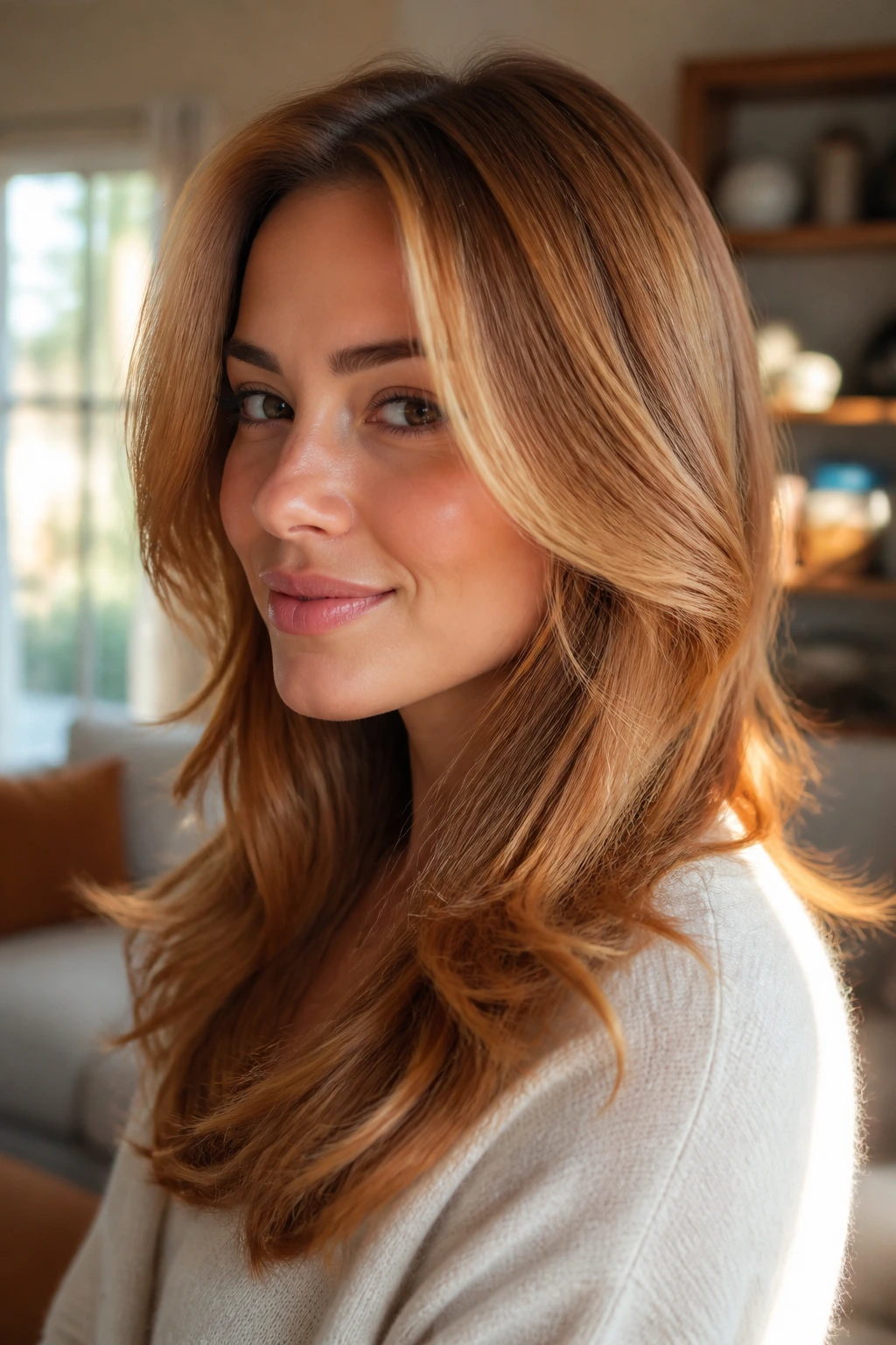 Close-up of a real woman with soft ember blonde hair and glossy depth