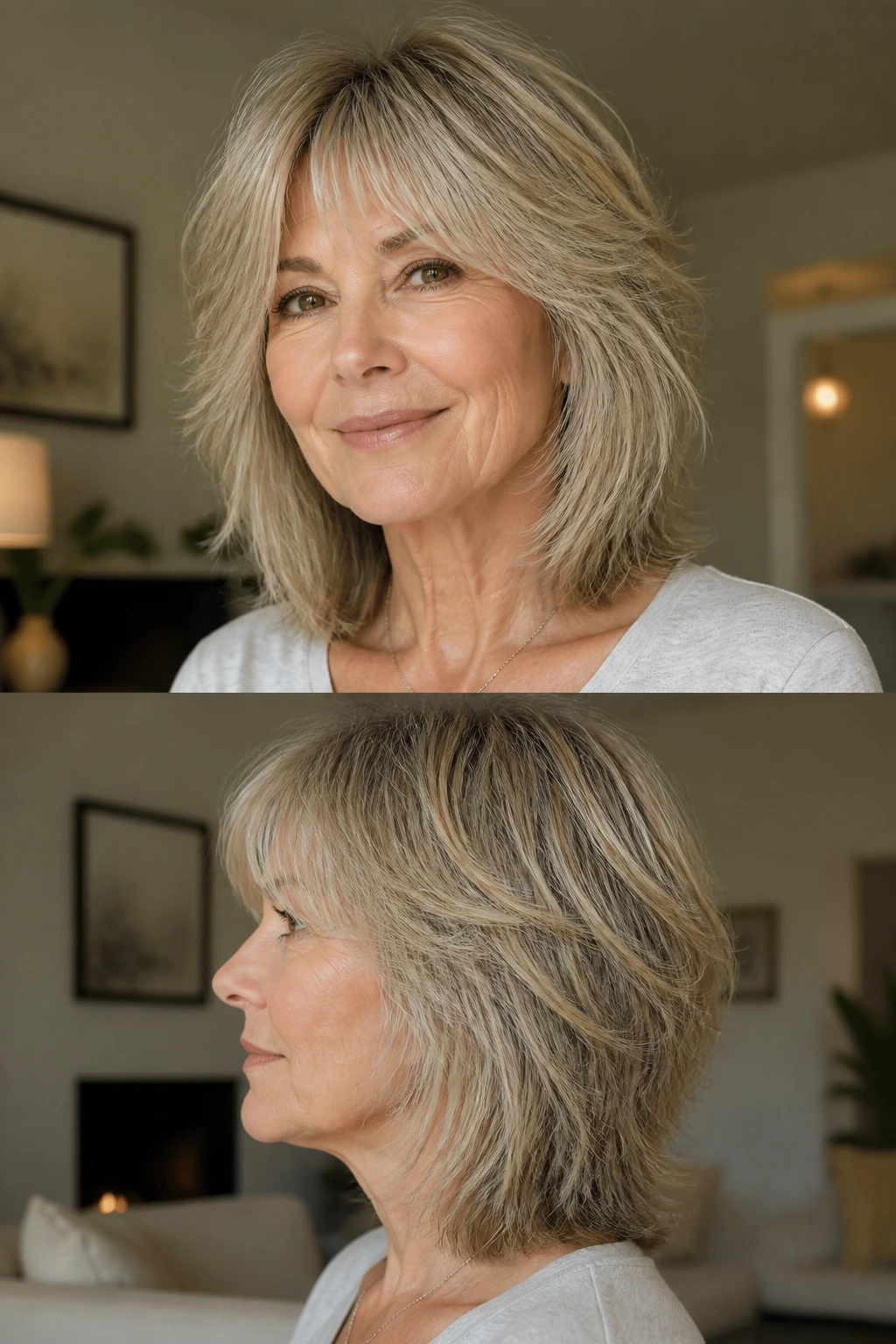 Close-up portrait of a woman with a soft-ended shag and strong shape.