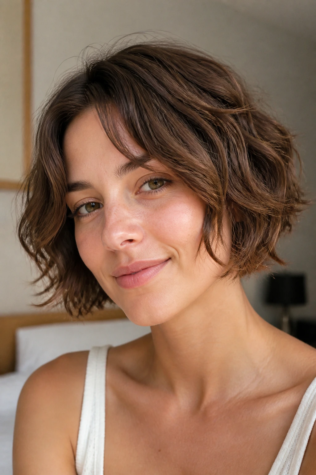 Close-up portrait of a real woman with short hair showing soft ends and a clean shape in natural window light