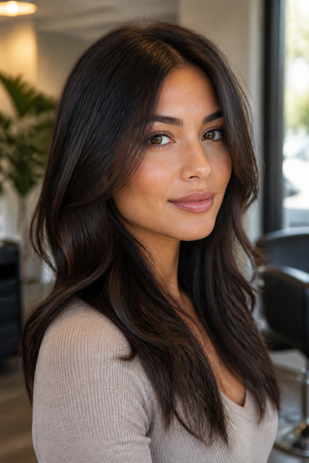 Close-up portrait of a real woman with soft espresso framing around the face, darker roots near cheekbones.