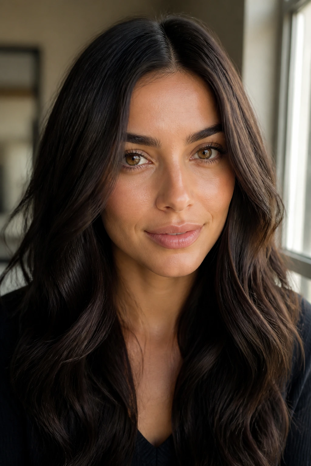 Close-up portrait with soft espresso hair on olive skin