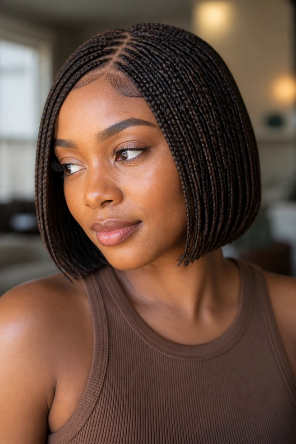 Real person wearing a chin-length braided bob with simple part.