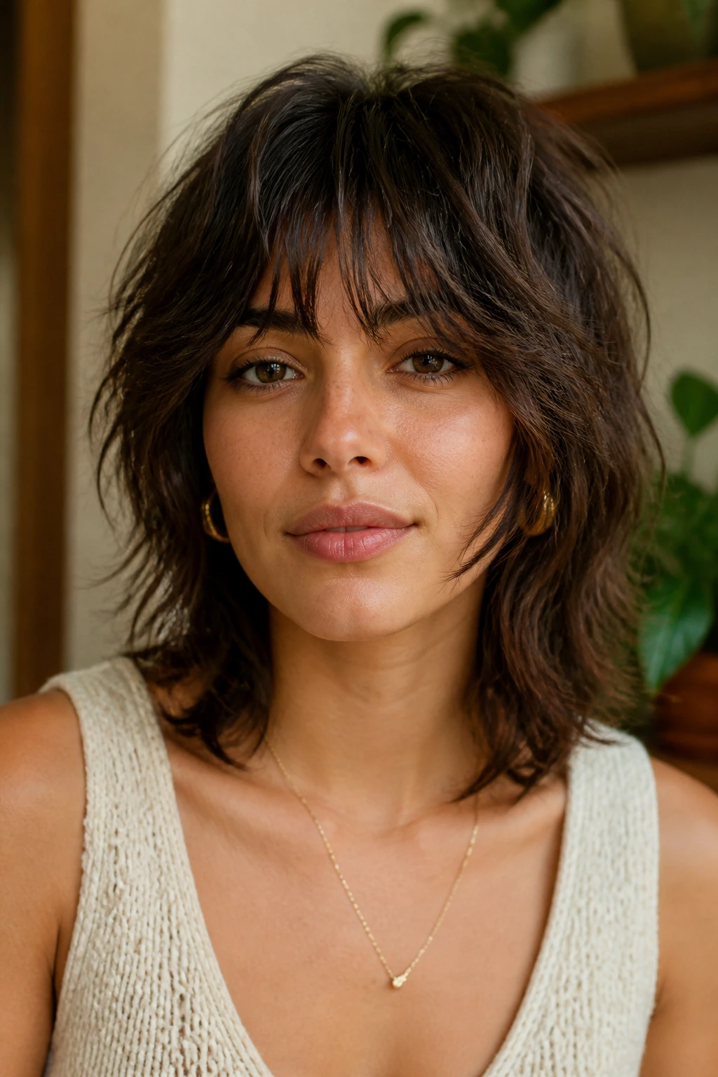 Portrait of a real woman showing a soft-face-frame shag with longer front pieces