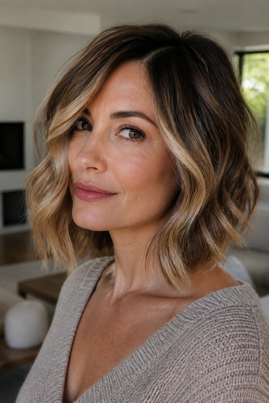 Portrait of a real woman with a soft, subtle face-framing hair around the jaw