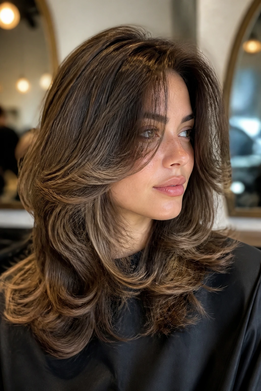 Close-up of soft face-framing layers in salon setting