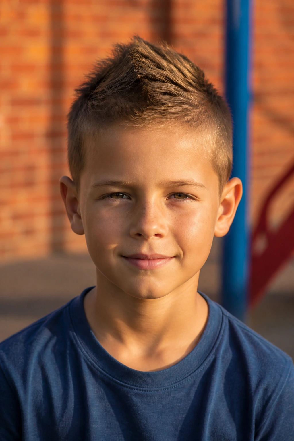 Portrait of a real boy with a soft faux hawk in an outdoor playground.