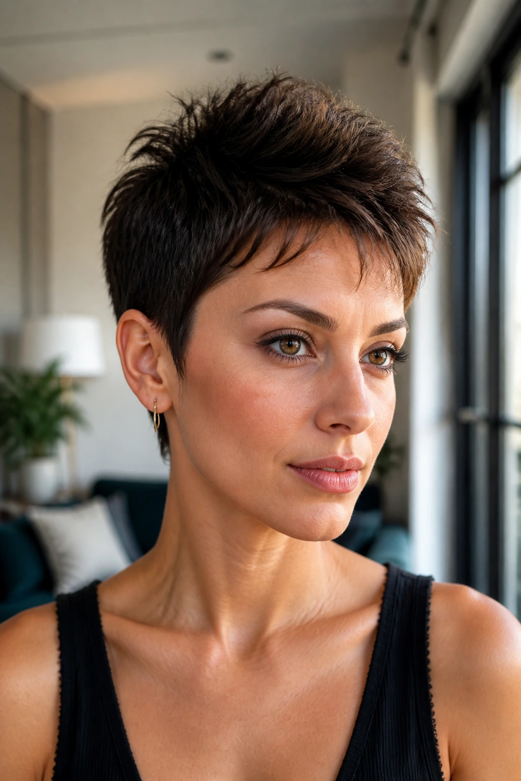 Close-up of a real woman with a soft faux-hawk pixie and textured top
