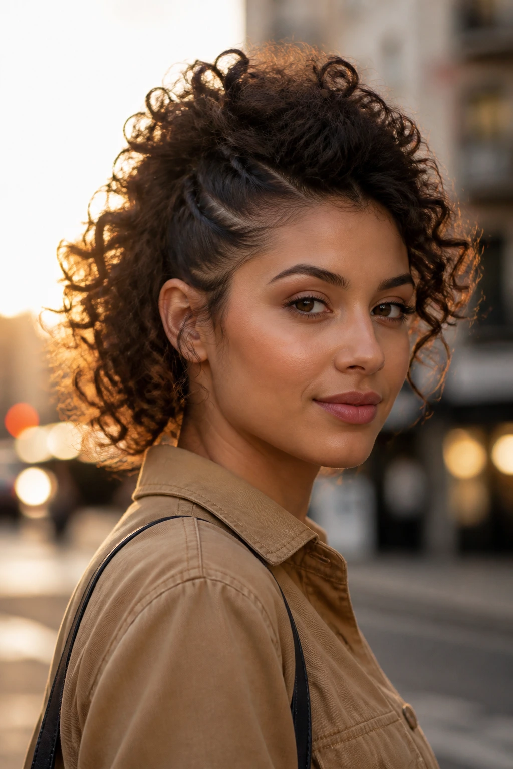 Real woman with a soft faux hawk showing high center ridge and pinned sides.