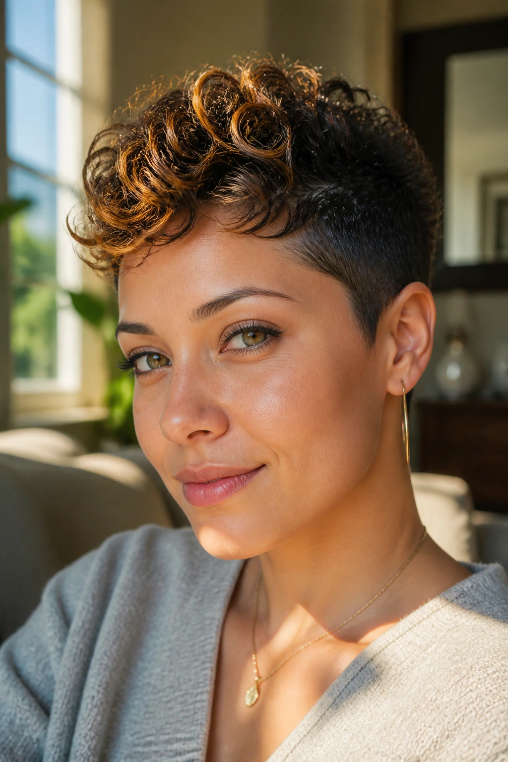 Close-up of a real woman with a curly fauxhawk pixie and caramel center highlights.