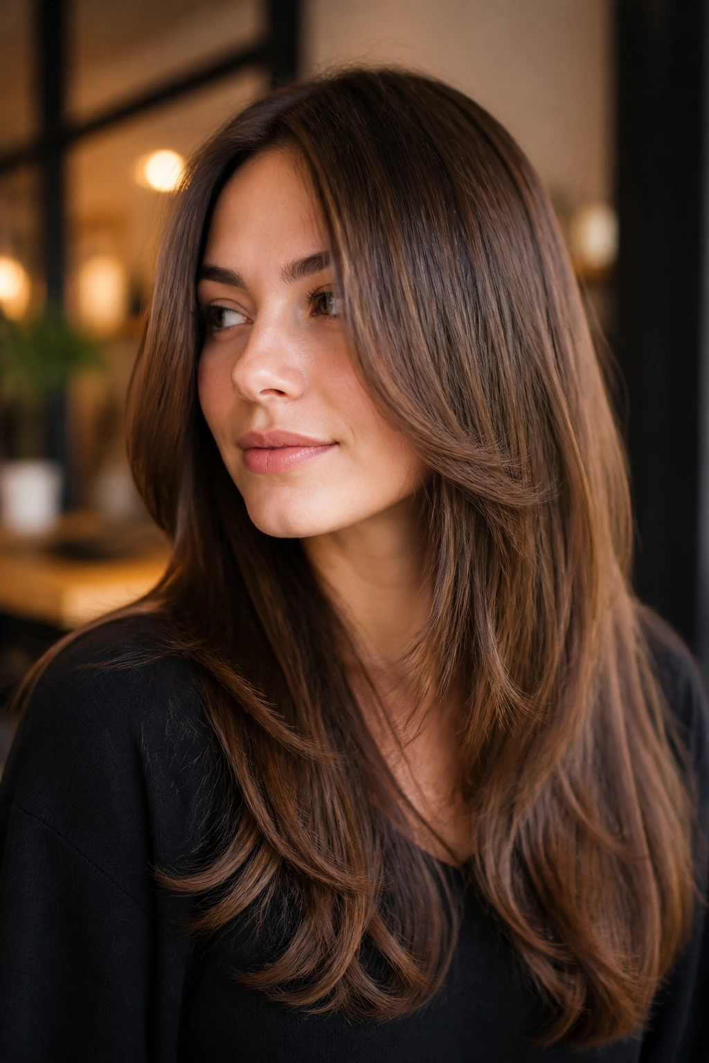 Close-up portrait of a real person with long feathered hair framing the face