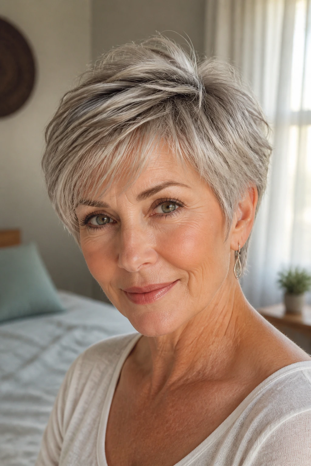 Portrait of a woman with a soft feathered pixie cut, top and temples swept softly