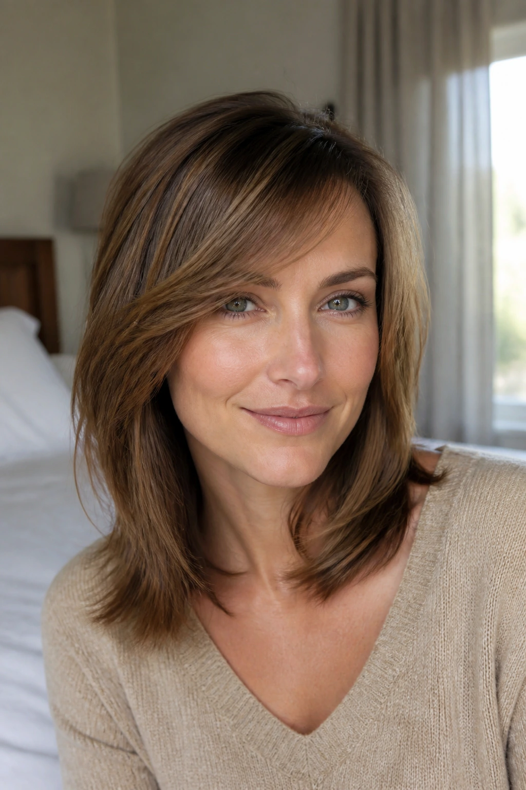 Real woman with soft feathered side sweep bangs in a softly lit bedroom