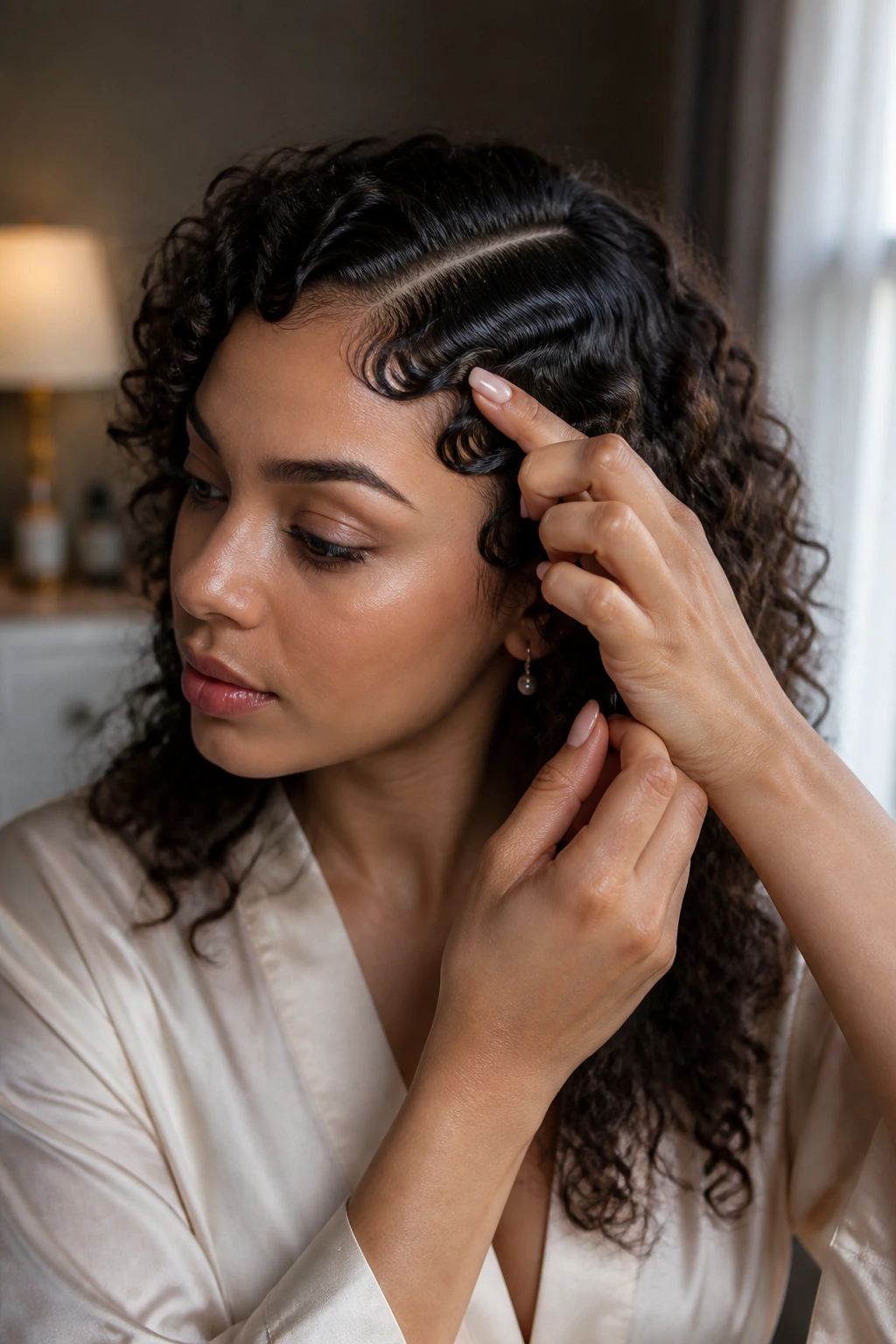 Close-up of a real woman with soft finger waves on curly hair