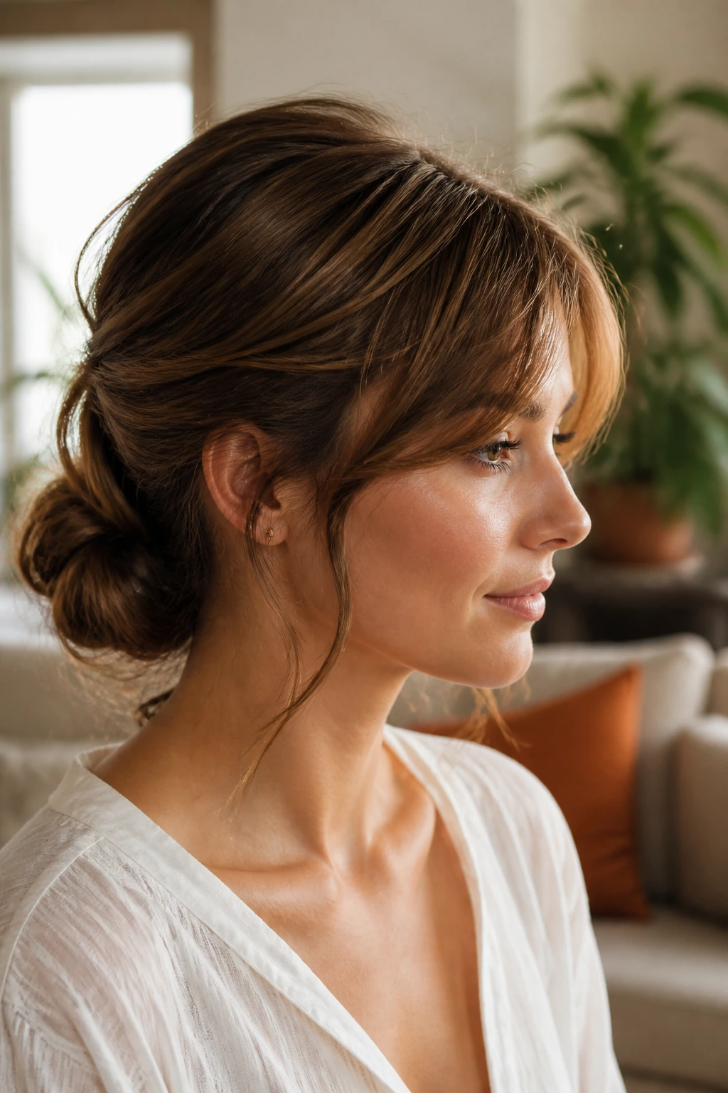 Portrait of a woman with a soft finish hairstyle and side-swept bangs.
