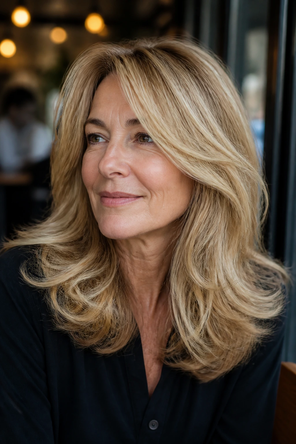 Portrait of a woman with soft, voluminous blonde hair showing movement.