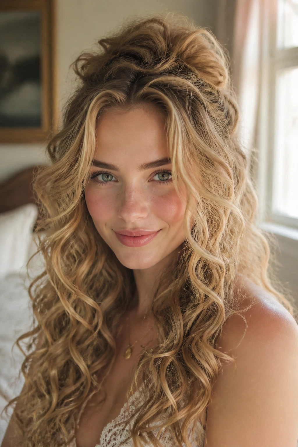 Close-up portrait of a real woman with long, curly hair styled in a soft, airy finish by a sunlit window