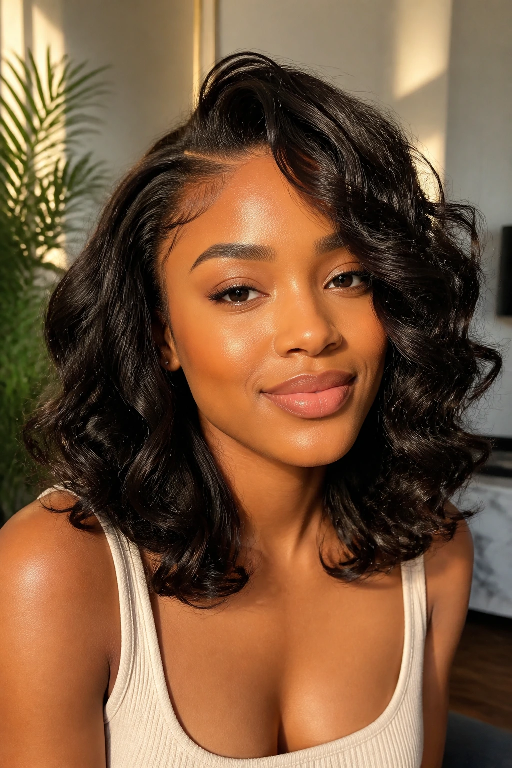 Black woman with soft, shaped curls in a sunlit room