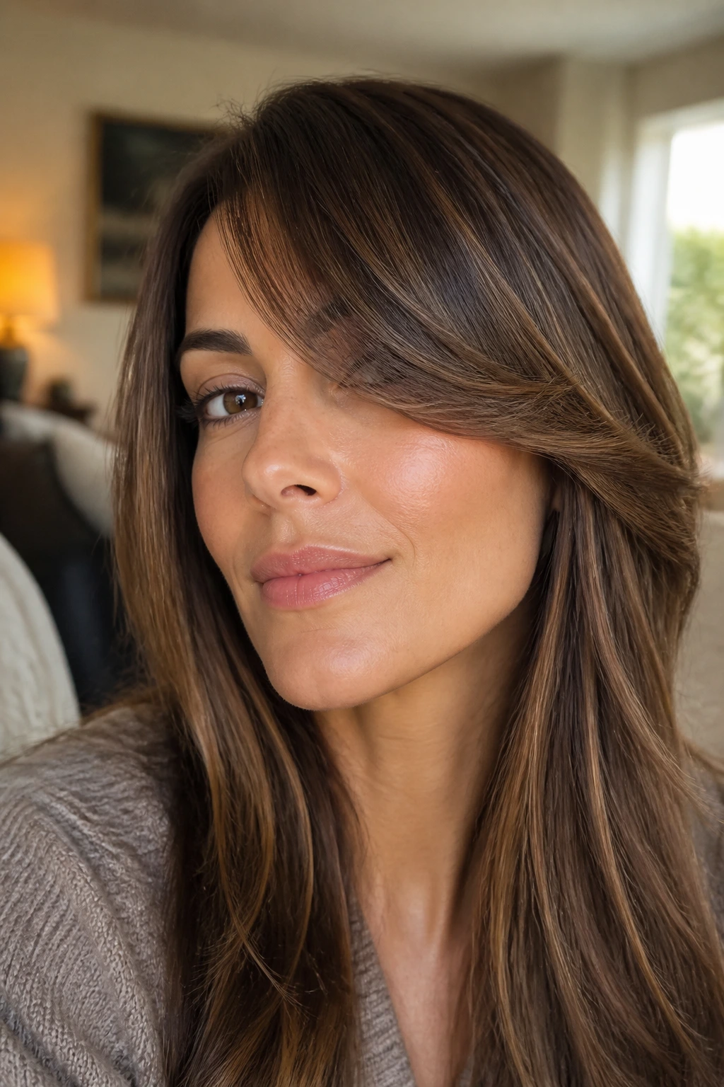 Close-up of soft flip bangs at the cheekbone on a real person