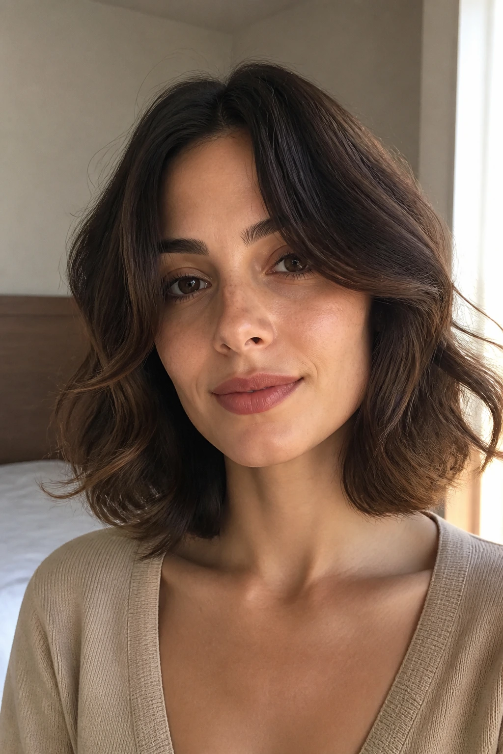 Real woman's portrait with soft flip-end waves framing the jaw.