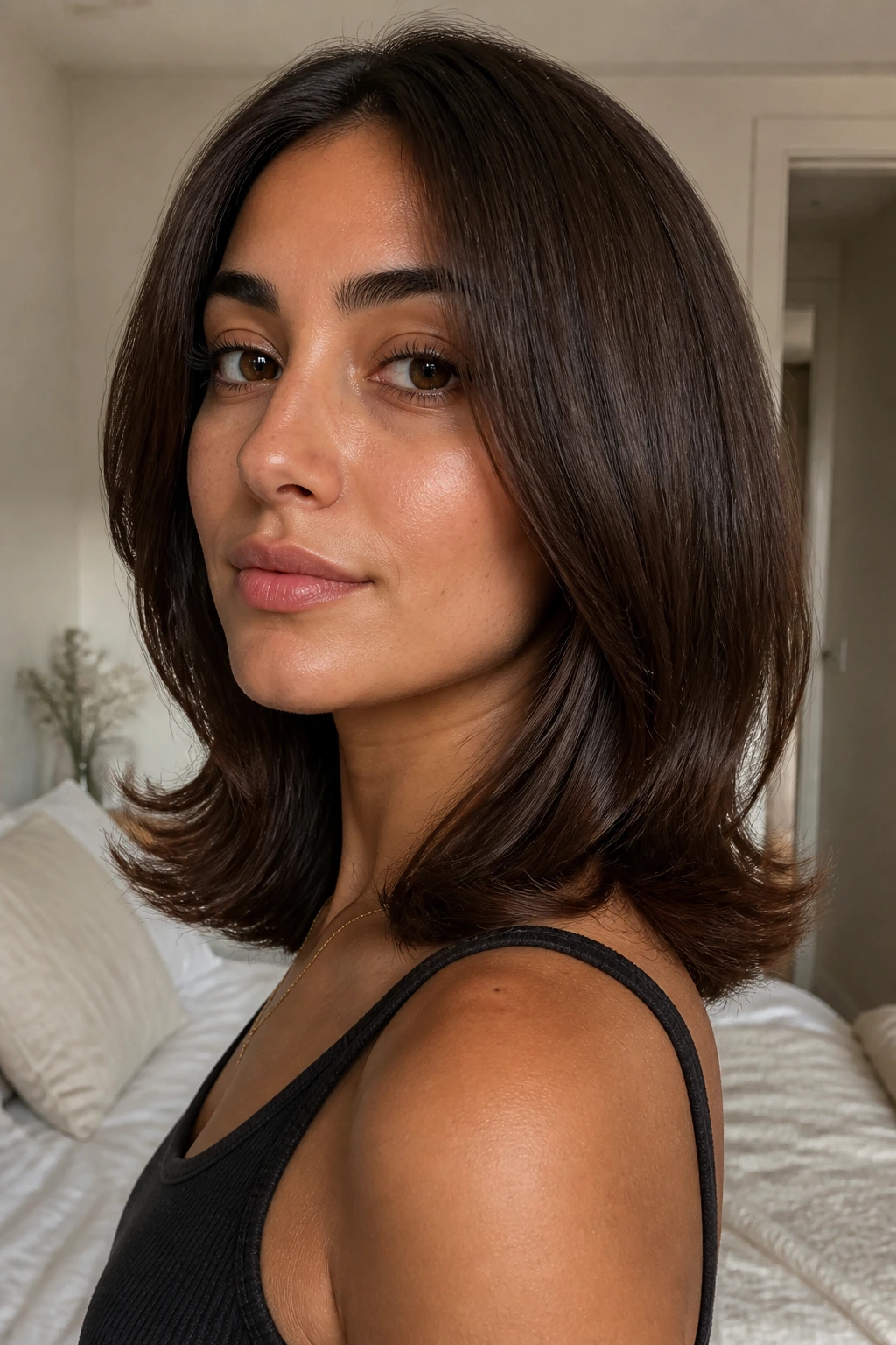 Close-up of a real woman with soft flip ends brunette on olive skin