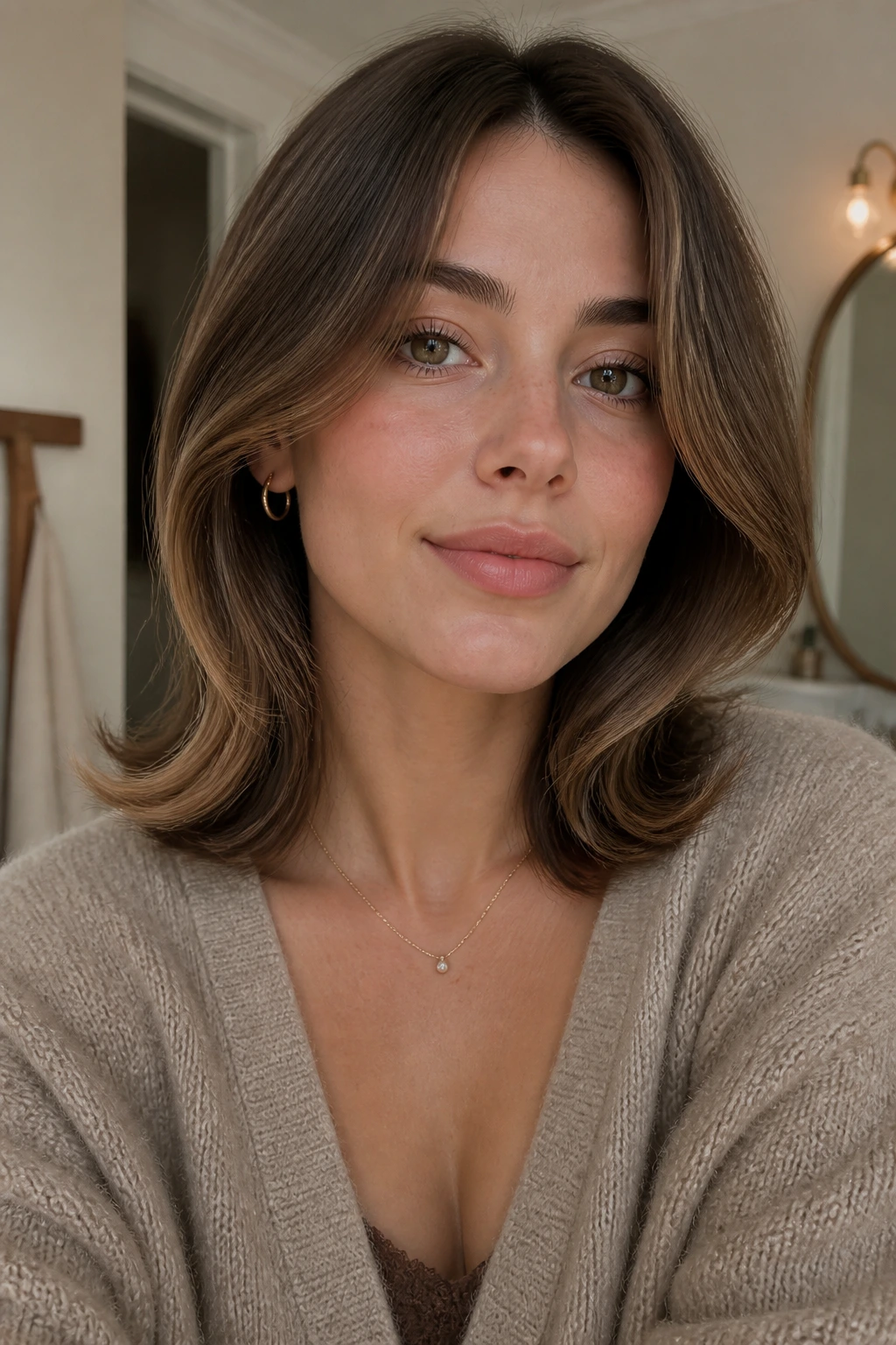 Close-up of a real woman showing soft flip ends hairstyle