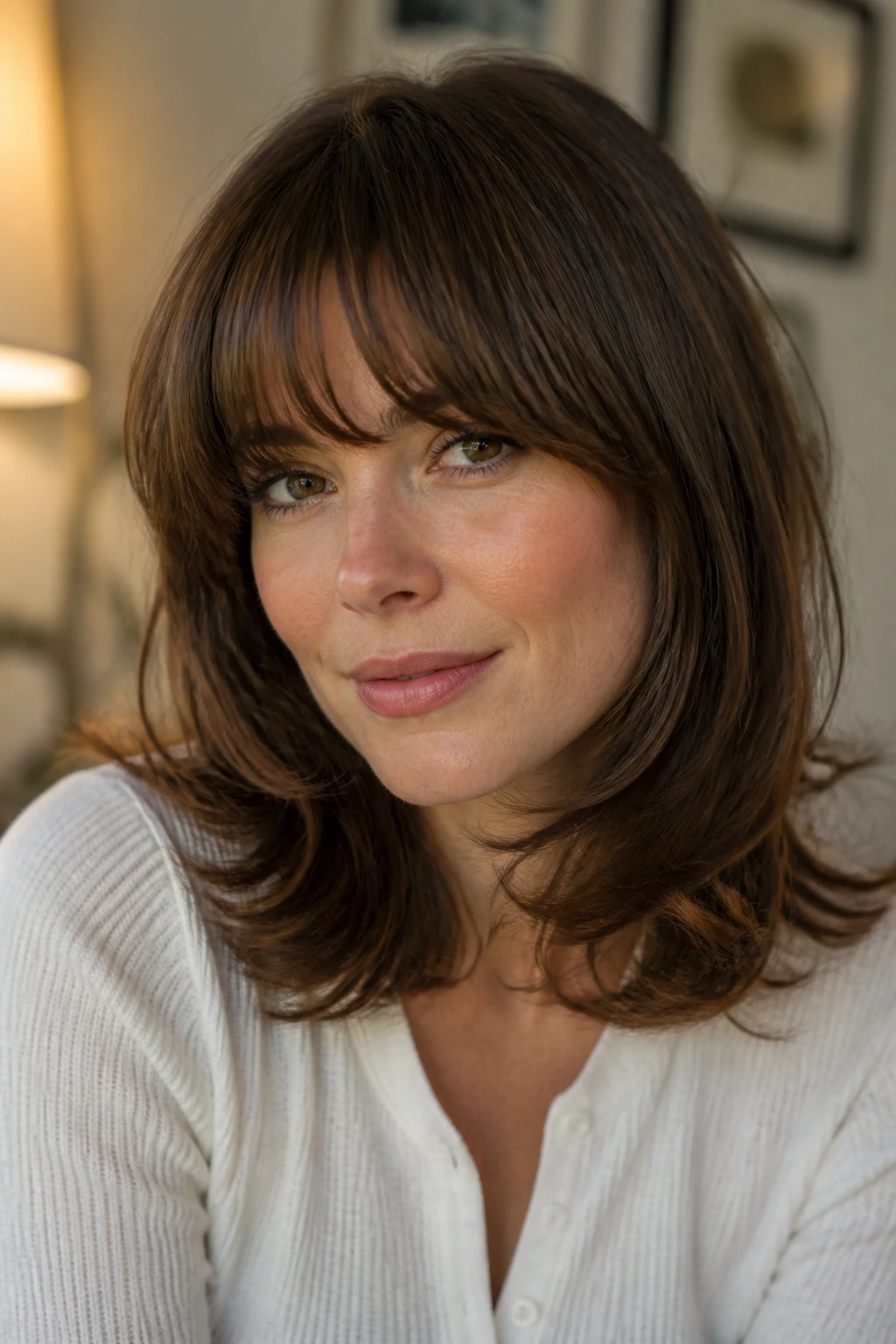 Close-up portrait of a real person with soft flip layers and 1960s style bangs
