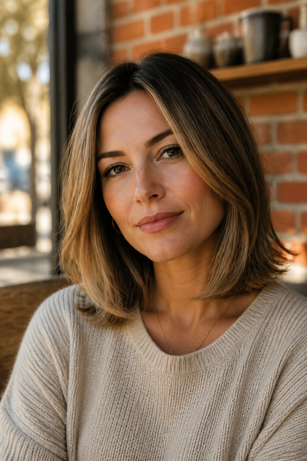 Close-up of a real woman with a Soft Flip long bob showing outward turned ends