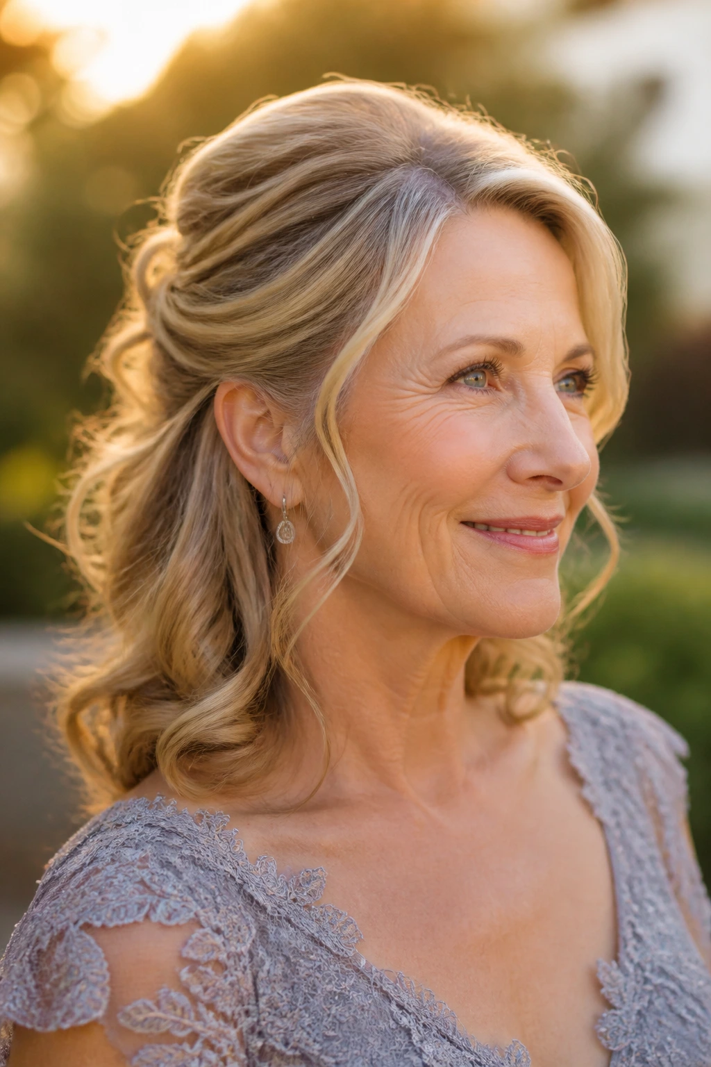 Real woman with soft, formal half-up hairstyle in golden hour light