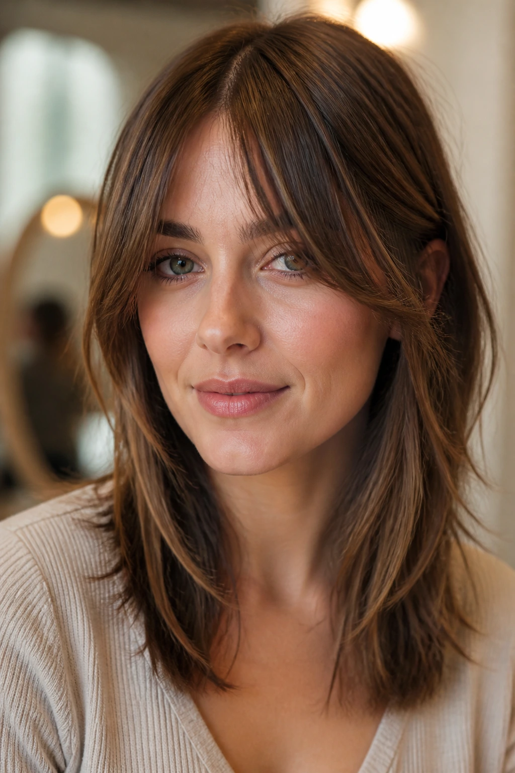 Close-up of a real woman with soft feathered curtain bangs framing the face.