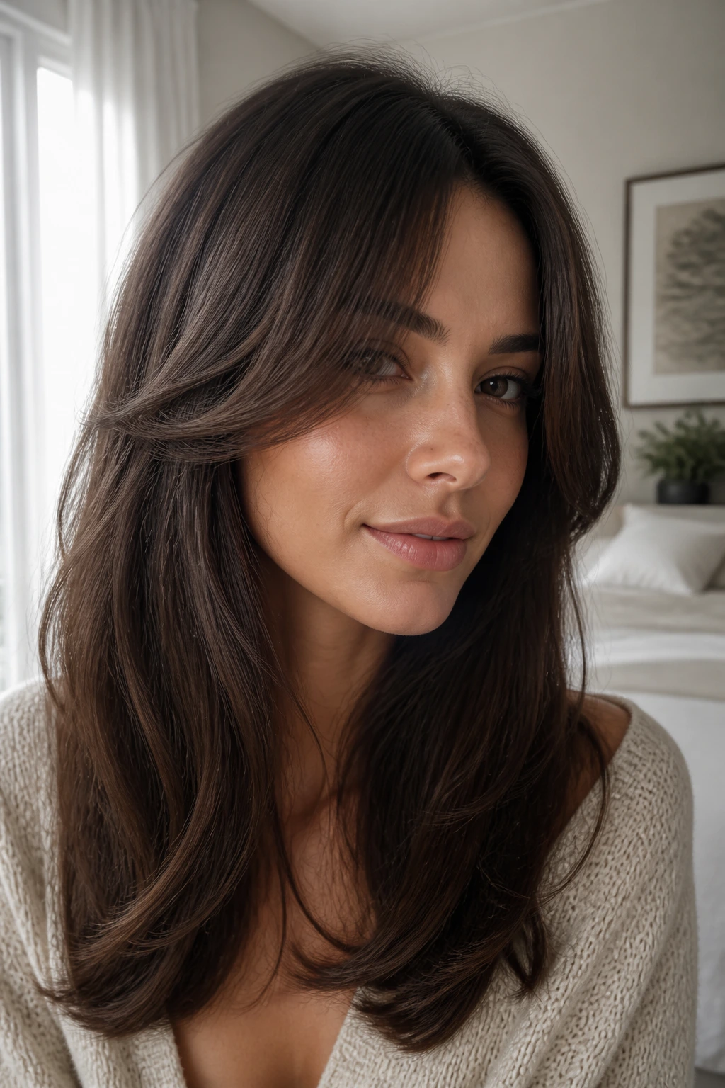 Portrait of a person with softly framed curtain bangs in a cozy room