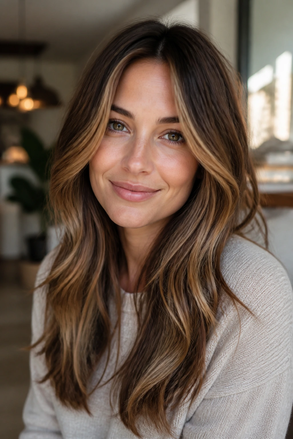 Close-up of a real person with hair softly framing the face in a warm indoor setting