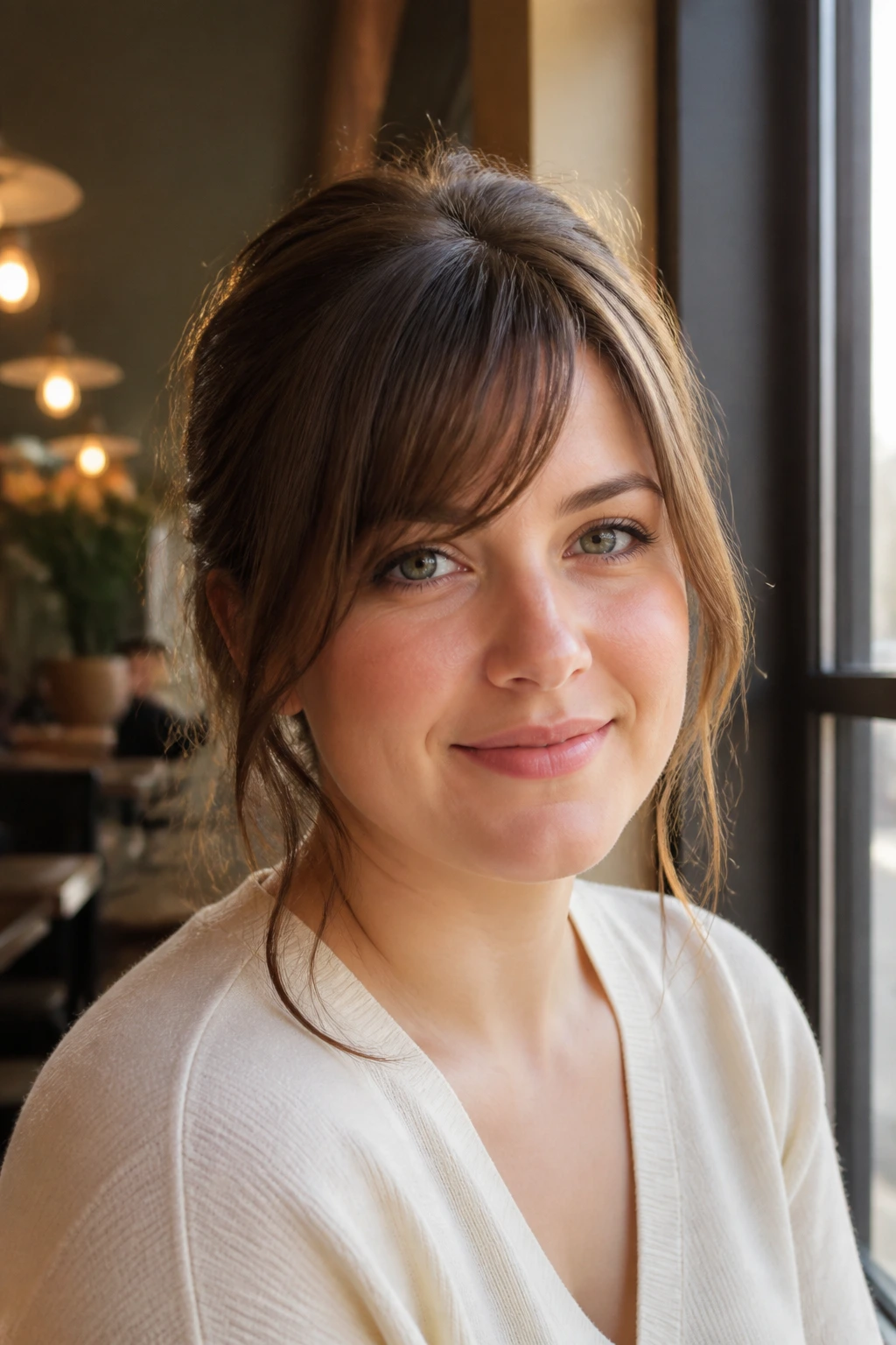 Portrait of a woman with a soft, face-framing hairstyle in warm natural light