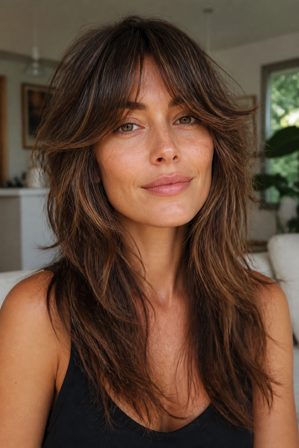 Portrait of a woman with a long, soft-framed shag haircut.